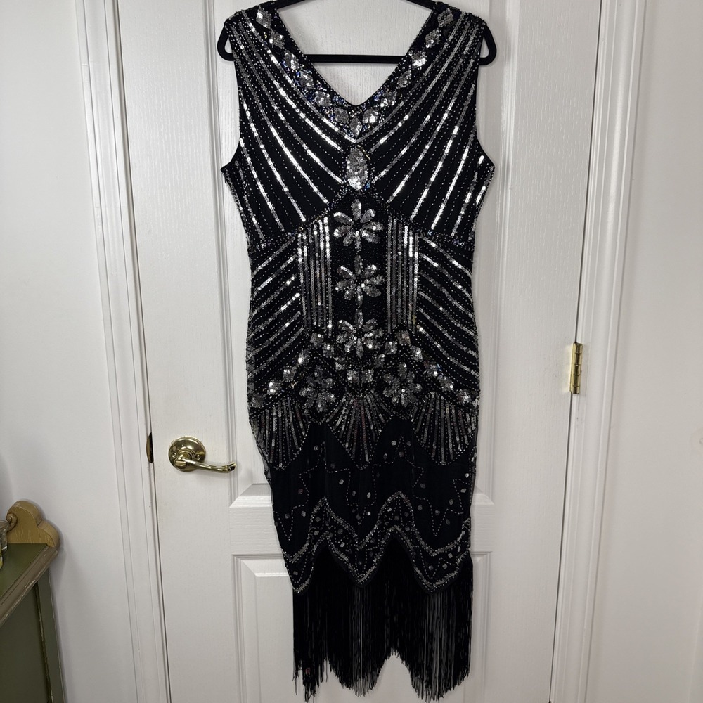 Womens XL 1920s Flapper Dress Black Silver Sequin Beaded Fringe Gatsby Art Deco